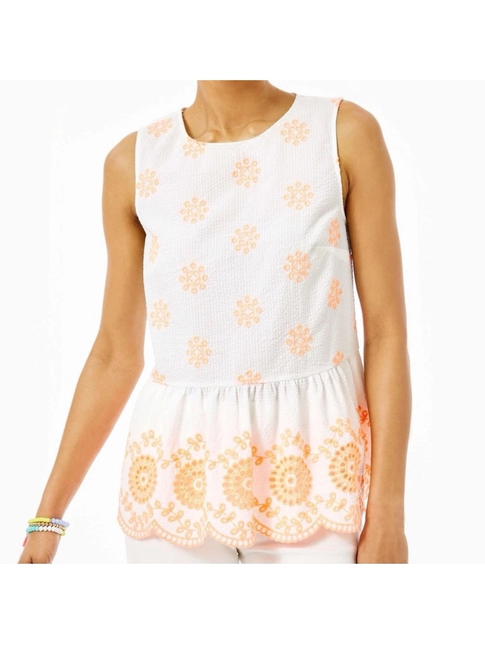 Lilly Pulitzer White Sleeveless Peplum Top with Peach Embroidery XL